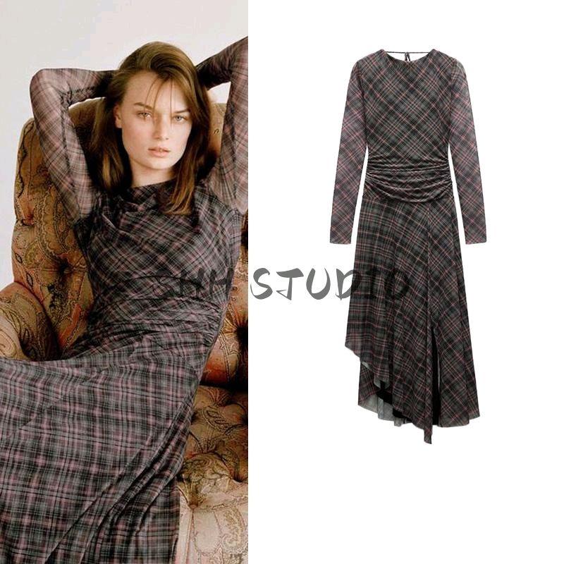 Spring New Women's Clothing American Retro Gingham Ruched Silk Net round-Neck Long-Sleeved Dress 5039284