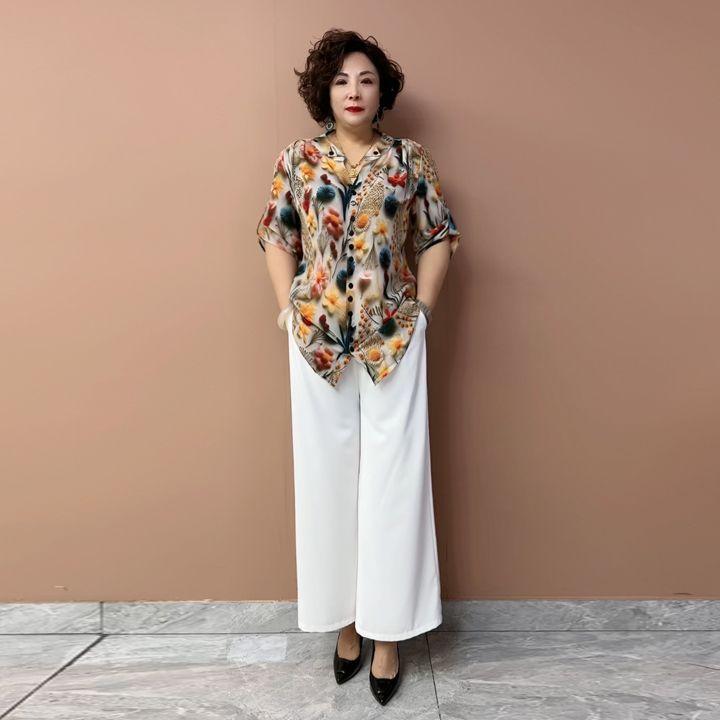 Summer Women's Floral Silk Shirt  Loose V-neck Plus-size Blouse