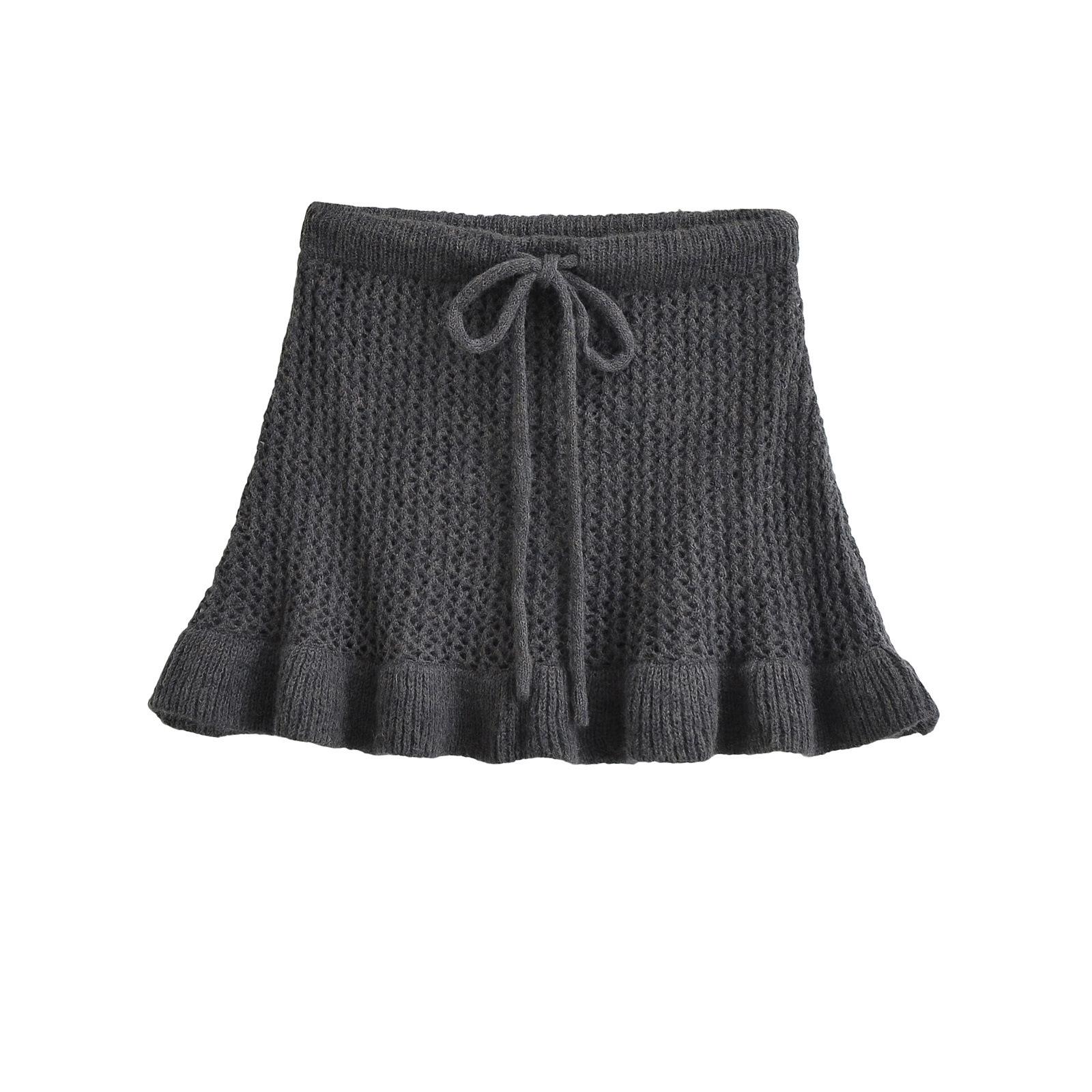 

Korean Style Elegant Layered Knit Midi Skirt for Women - Lace A-Line Design Small темно-сірий