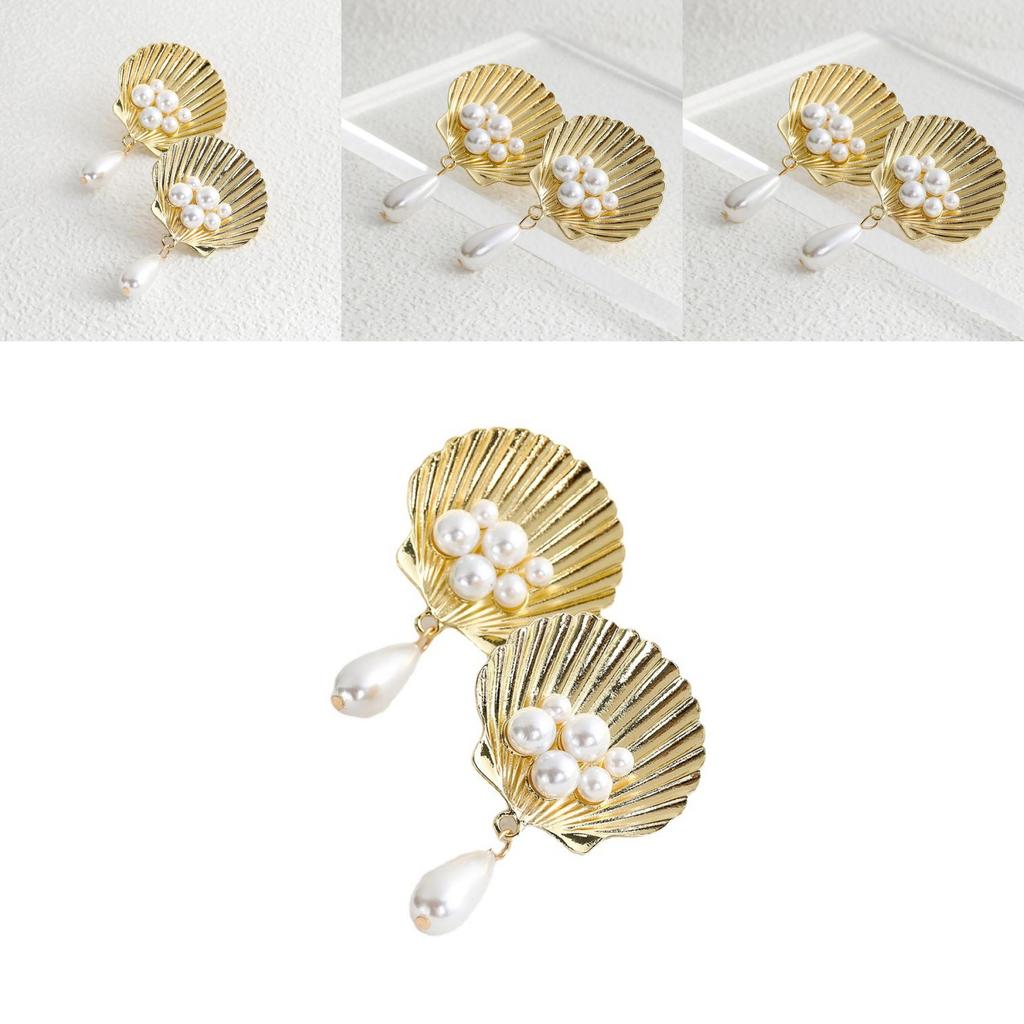 Trendy European American Natural Shell Pearl Earrings Chic Geometric Design Stylish Gold Alloy Jewelry