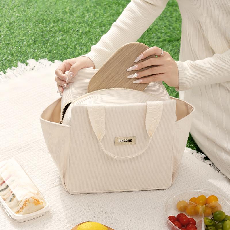 Corduroy Lunch Bag Thermal Insulation Lunch Box Storage Handbag Multifunctional Kid School Cooler Bag Picnic FoodPouch