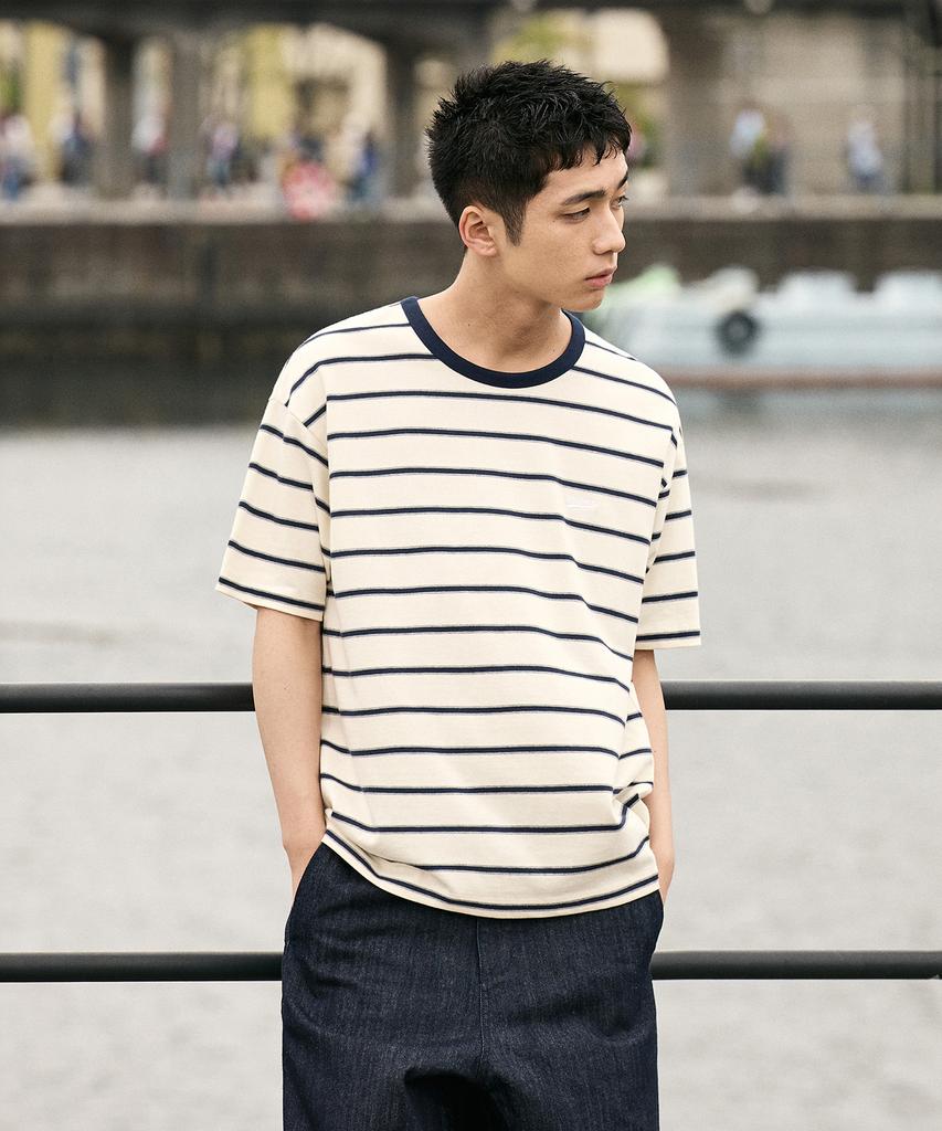 MINIMALPROJECT Minimal Embroidered Logo Border Stripe Ringer Short Sleeve T-Shirt Mst183 [Ivory]