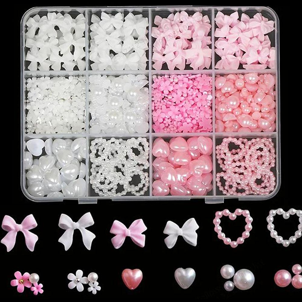 12Grids/Box Mixed Resin Bowknot Nail Charms 3D Colorful Bow Kawaii Rhinestone Nail Art Decorations DIY Manicure Parts Pen Tweeze