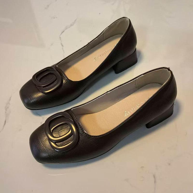 Fashion temperament single shoes women's spring and autumn new square head light mouth thick heel versatile shoes low heel small leather shoes