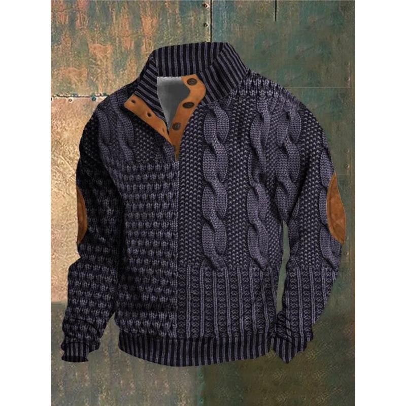 Men S 3d Printed Stand Collar Polo Sweatshirt With Buckle Streetwear