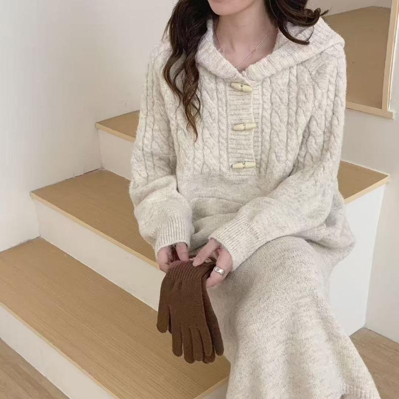 

Свободный повседневный вязаный сарафан с роговой пуговицей, комплект из двух предметов для женской осени и зимы, женский комплект свитера с капюшоном большого размера one size fits all