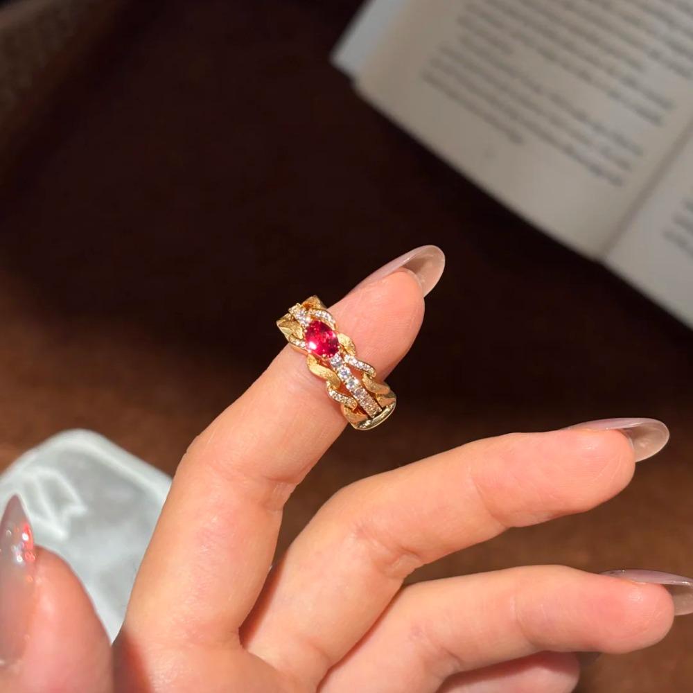 Elegant Red Corundum Ring for Women with Diamond Accents Luxe Hollow Design Fashionable Statement Jewelry