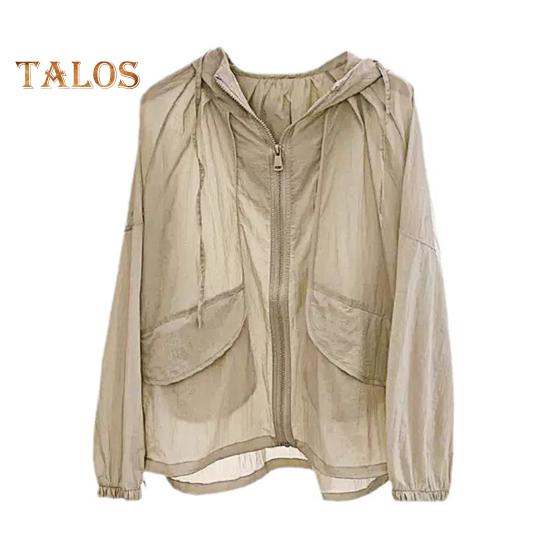 Sonnenschutzkleidung für Damen, mit Kapuze, Kordelzug, langärmelig, Sommermantel mit Taschendekoration, Sonnenschutzkleidung