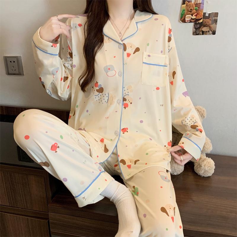 Japanese girl cartoon full print pajamas women's spring and autumn long-sleeved thin comfortable loungewear suit real shot