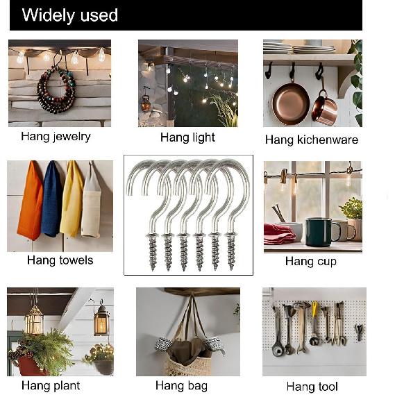 50 Pcs (304) Stainless Steel Screw Ceiling Hooks 7/8 Inch Cup Hook Screw-in Light Hooks Outdoor and Indoor Hanging