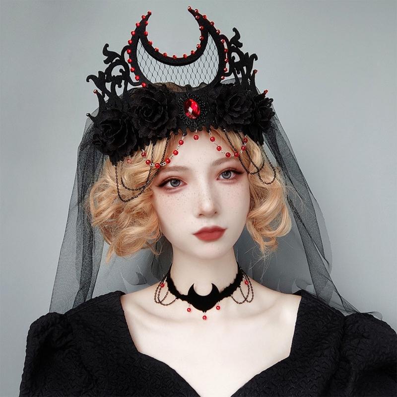 Tag der Toten Stirnband Gothic Kopfschmuck Schwarzer Schleier Krone Barock Tiara Krone Lolita Haaraccessoires Halloween Krone