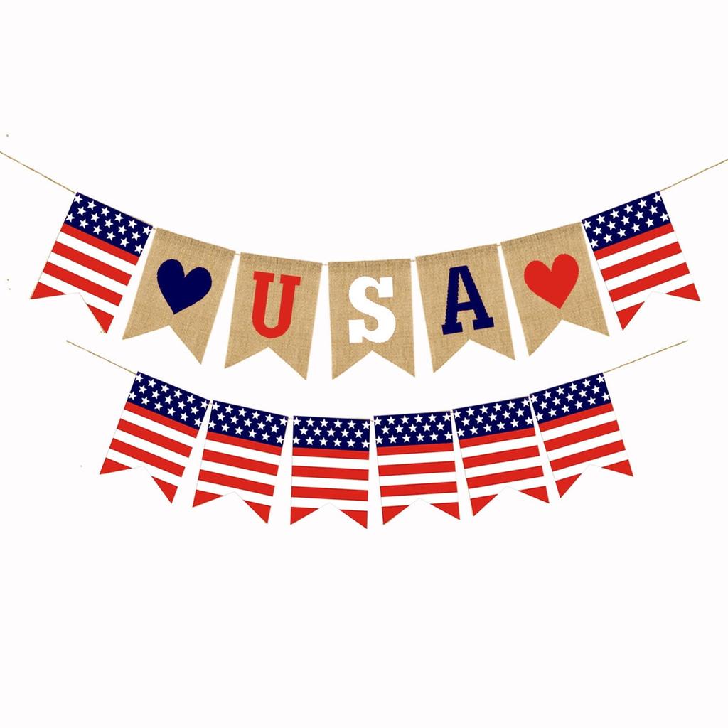 Banner Patriotic Decorations Red Blue White USA American Flag Jute Flag Banner For Independence Day Labor Day Military Events USA