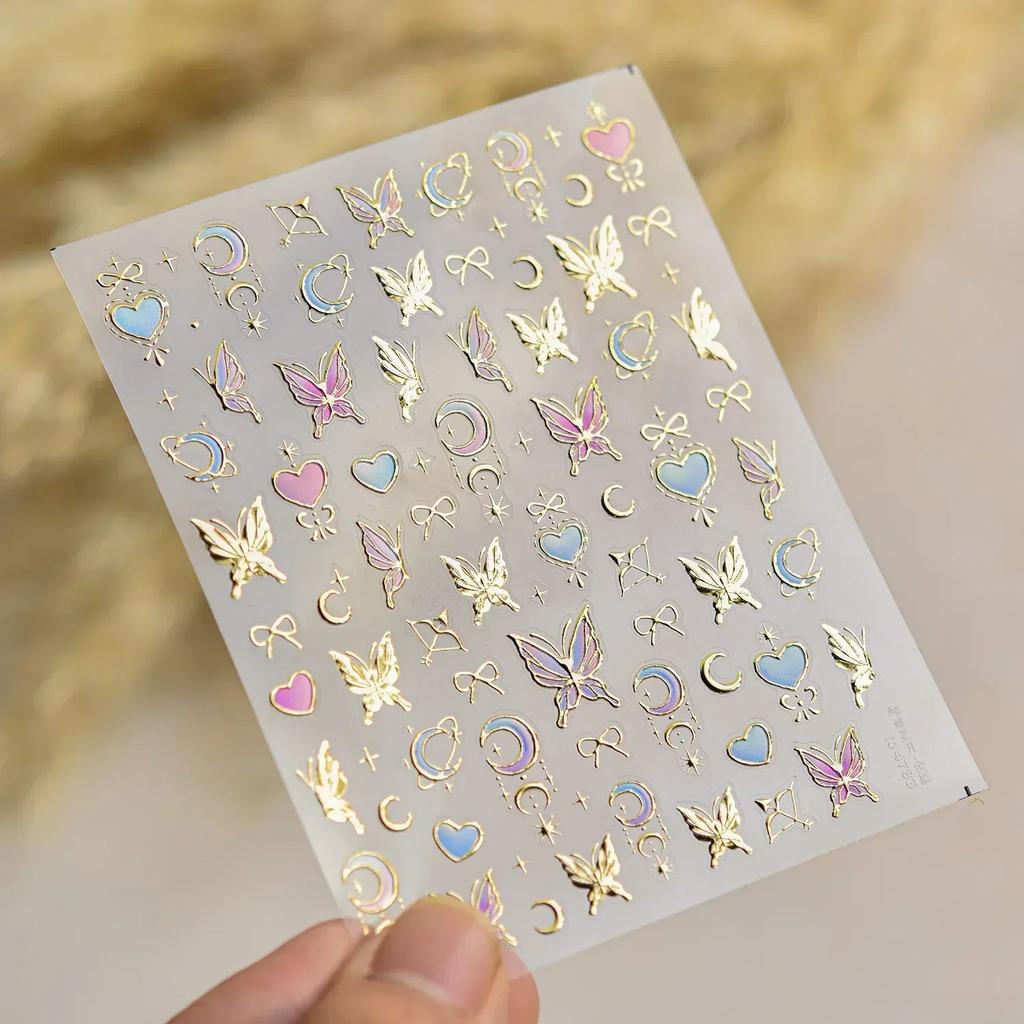 Gradient White Pink Butterfly Flower Shiny Stars Chic Spring Petal 5D Soft Adhesive Nail Art Stickers Decorations Manicure Decal