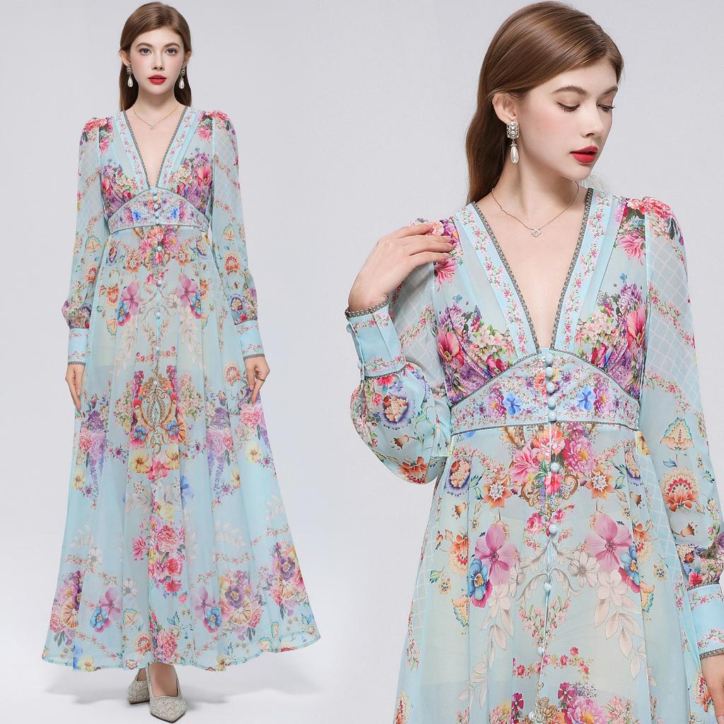 Summer Holiday Gorgeous Flower Beach Dress Women Deep V-Nek Long Sleeve Floral Print High Elastic Waist A-Line Maxi Dress