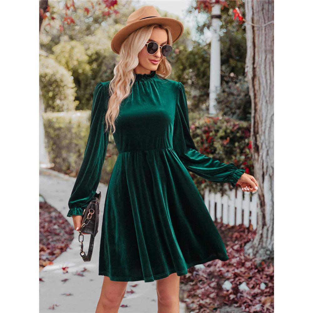 Samtkleid für Damen Winter Casual Hoher Hals Samt Einfarbig Schlanke Taille Kleid Herbst Winter Promi Partykleider