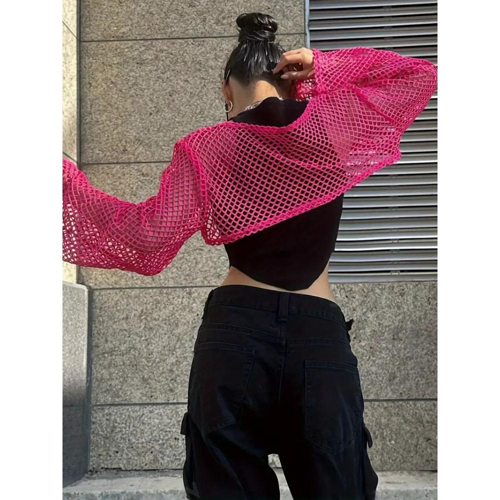 Mesh Solid Color Hollow Top Spring and Autumn Long-sleeved Hollow Ultra-short Casual T-shirt for Women