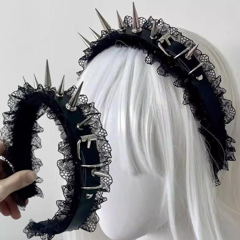 Vintge Punk Spike Lace Headband for Women Cosplay Accessory PU Leather Rivet Headwear Subculture Y2K Headdress Hair Accessories