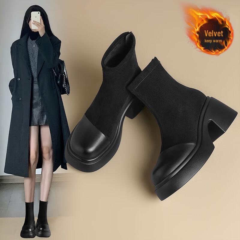 ZHR Women s Chunky Heel Plush Ankle Boots 36