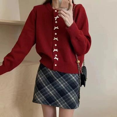 Korean Spring Autumn Sweet Style Youthful Red Bow Fashion Knit Cardigan Sweater