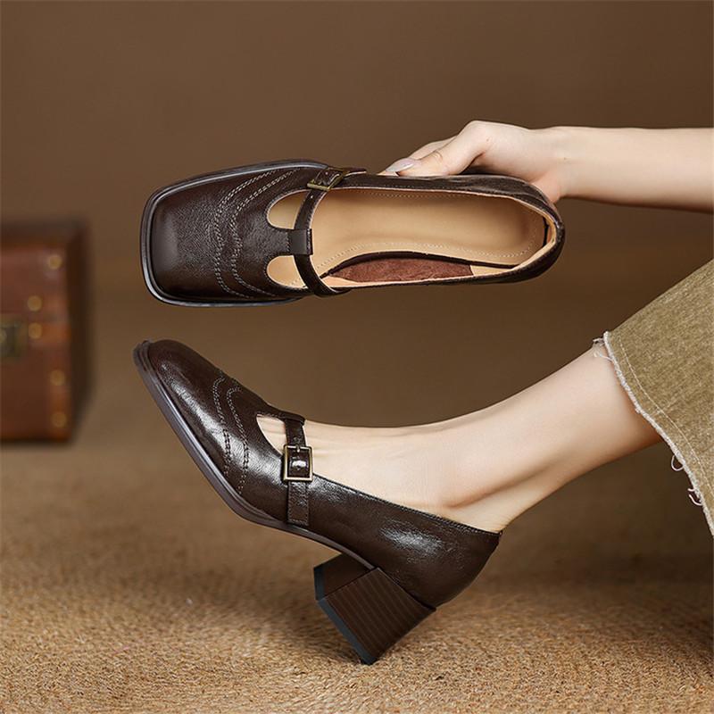 Fashion New Spring/summer Genuine Leather Mary Jane Shoes for Women Fashion Square Toe Shoes High Heels Women Pumps Chunky Heel Black