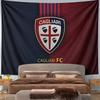 Divided blue and red background with a shield logo featuring Cagliari FC. Patterned tapestry for bedroom and living room home decor