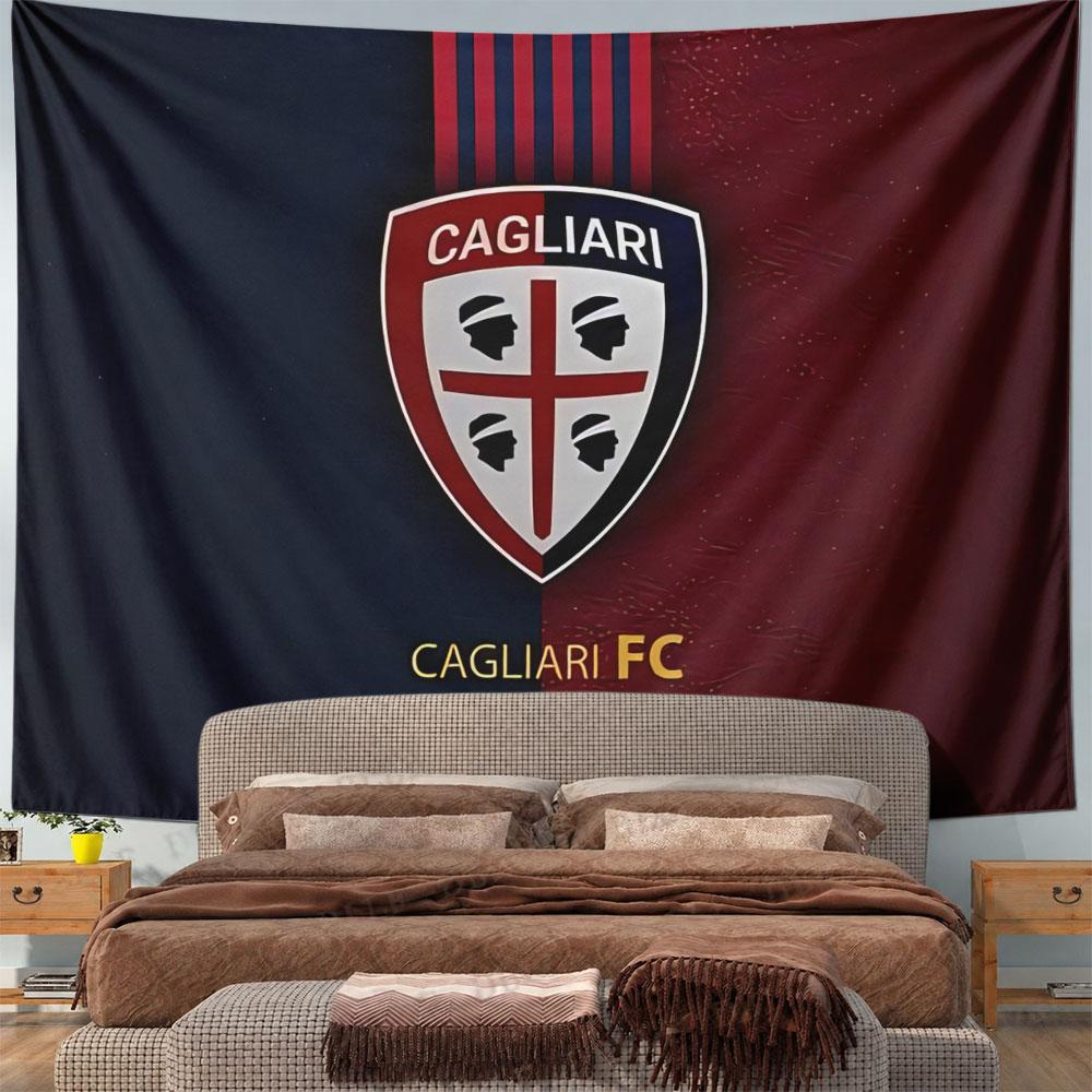 Divided blue and red background with a shield logo featuring Cagliari FC. Patterned tapestry for bedroom and living room home decor