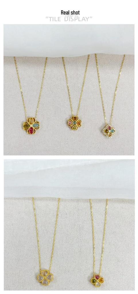 Natural Tourmaline S925 Sterling Silver Heart Clover Pendant Necklace for Women