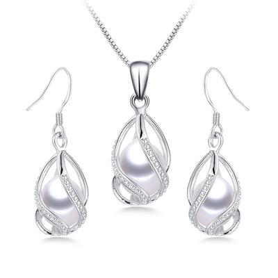 YWYC 8-9mm Natural Freshwater Pearl In Cage Pendant Necklace Drop Earrings & Pendant Jewelry Set for Women