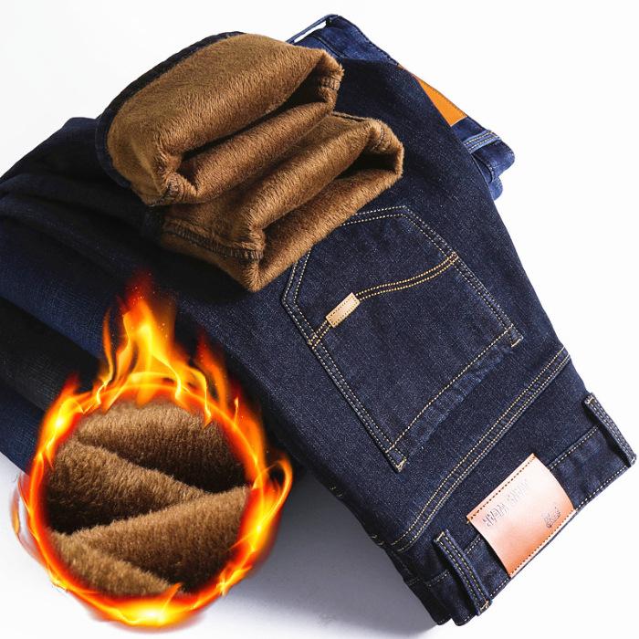 

Зимние теплые мужские джинсы эластичные свободные прямые брюки с толстыми бархатными брюками мужские большие деловые повседневные брюки 40