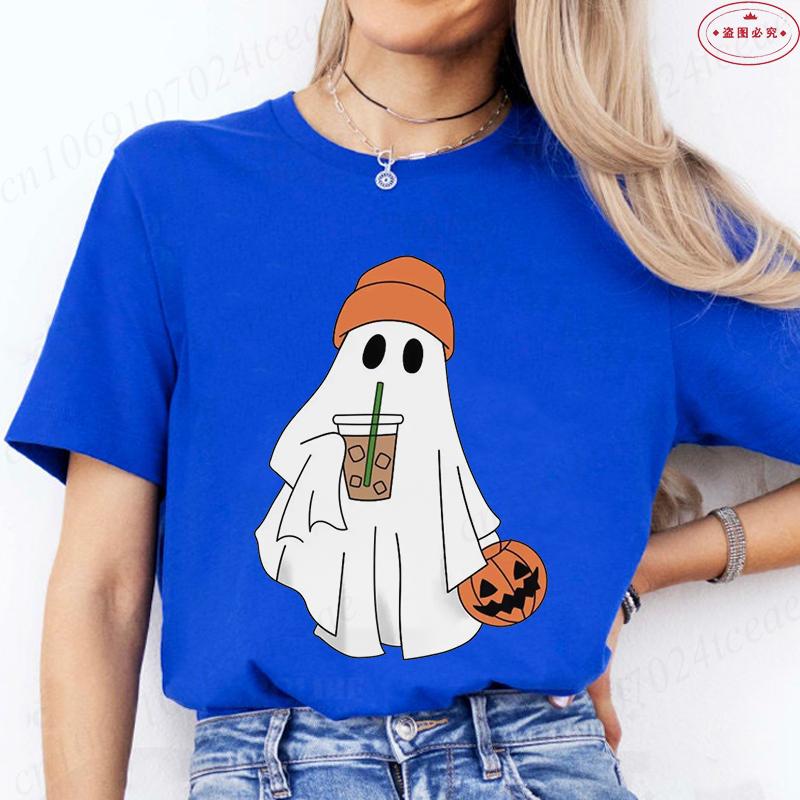 Little Boo Drinking Coffee Women T-Shirts Fashion Halloween Party Spooky Season Shirt Harajuku Graphic Tops Casual Streetwear