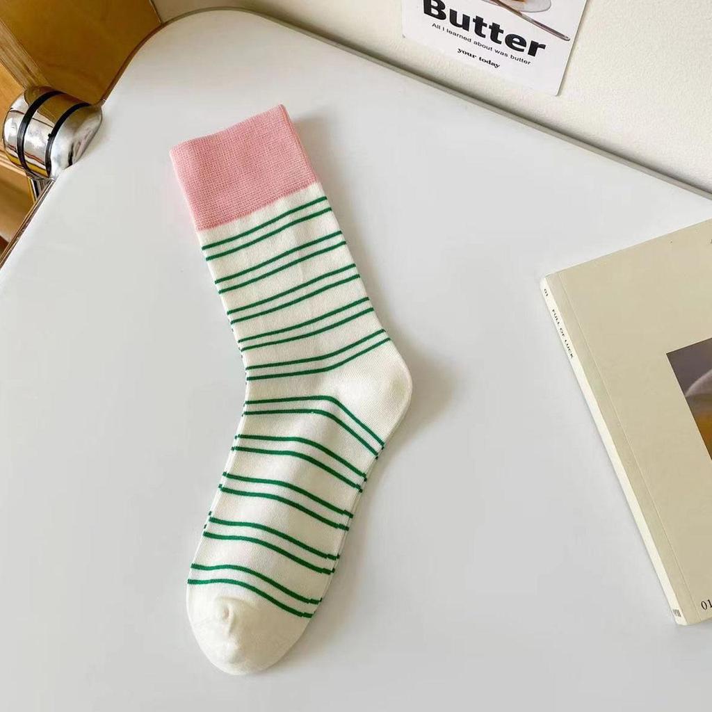 Korean Fashion Striped Socks for Women Spring Summer Soft Cotton Elastic Breathable Mid Tube Socks Girls Casual Socks