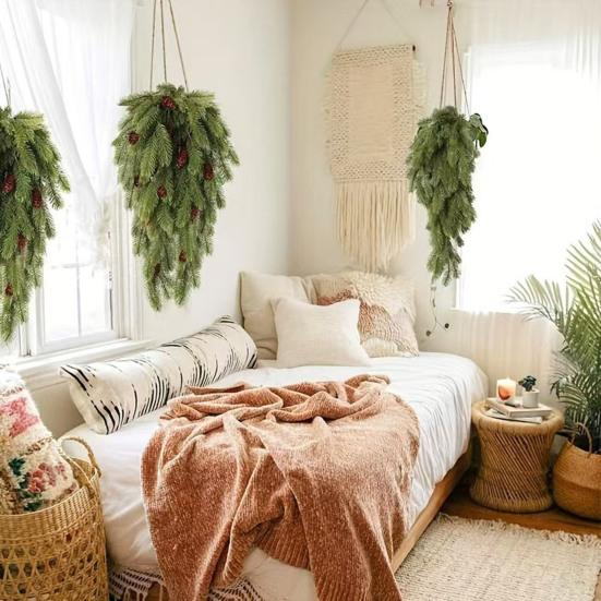 2Pcs Christmas Teardrop Swag Wreath Fake Norfolk Pine Stairway Swag with Pinecone Winter Xmas Hanging Greenery Garland Decoration