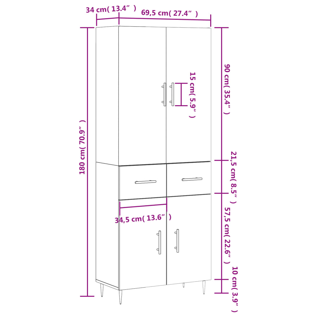 Highboard Smoked Oak 69.5 x 34 x 180 cm Particleboard