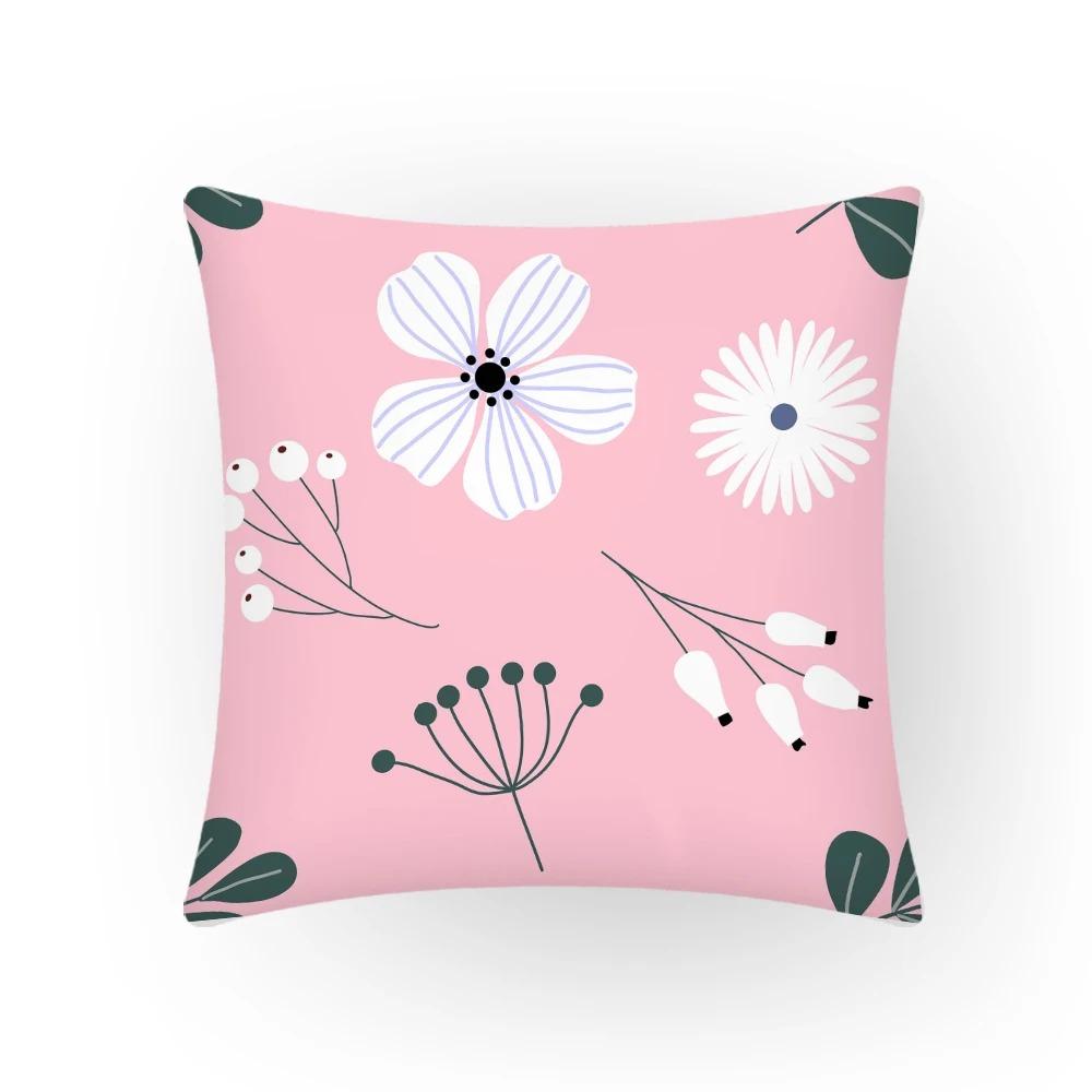 Sofa Simple Decorative Cushion Cover Cartoon Plant Leaves Square Pink Pillowcase Retro Comfortable and Durable