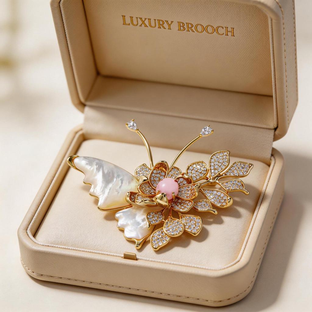 Bo Xin Yun Natural Shell Butterfly Brooch: High-End Copper with Cubic Zirconia