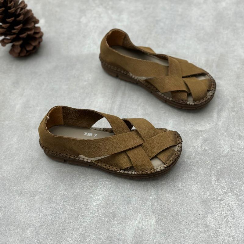 

Genuine Leather Woven Sandals Summer Toe Covers Flat Shoes Versatile Soft Cowhide Women s Sandals 37 хаки