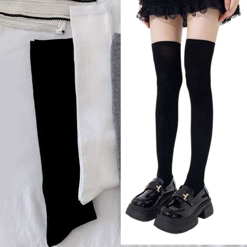 Women Solid Color Ribbed Cuffs Thigh High Stockings Japanese Preppy Students Stretchy Over The Knee Long Boot Socks