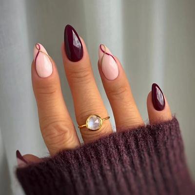 Einfache Falschnägel zum Tragen Nagelstück Interaktive Linie Falschnagel Vollfarbe Abnehmbares Nagelstück Mandelform 30