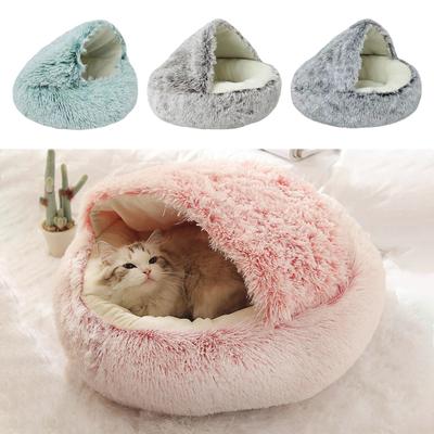 Round Hooded Cat Bed Winter Fluffy Pet Bed Cave Plush Donut Calming