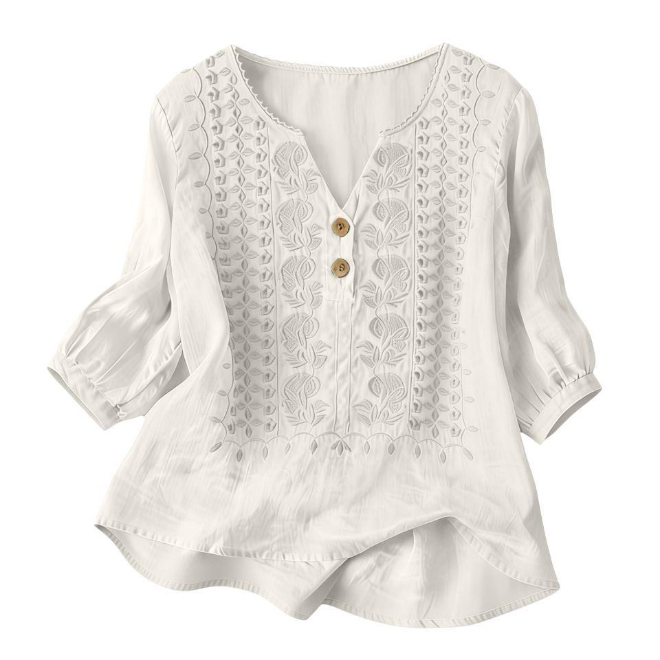 Women Boho Embroidered Blouse V‑Neck Linen Blouse Loose Button Decor Casual Tunic Top for Ladies Daily Wear