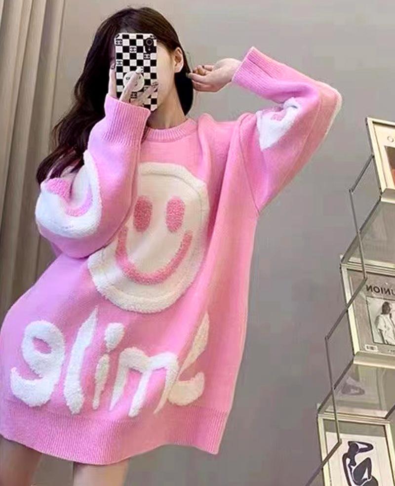 Women's Autumn/Winter Smiley Face Loose Knit Sweater - Versatile Mid-Length Pullover