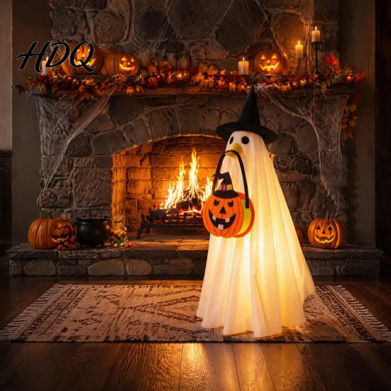 Spooky Holiday Atmosphere Apparel Halloween Glowing Ghost Costume with Witch Hat & Pumpkin Tote Bag LED Party Dress Light Up Fabric Outfit for Kids,