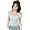 French white one-word neck floral lace-up bubble sleeve T-shirt women's summer niche slim-fit beautiful sweet sister top