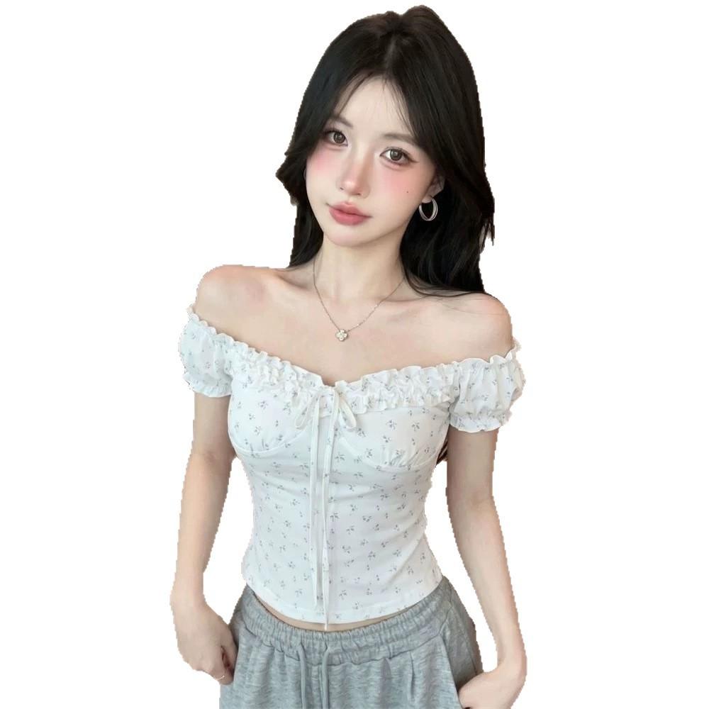 French white one-word neck floral lace-up bubble sleeve T-shirt women's summer niche slim-fit beautiful sweet sister top