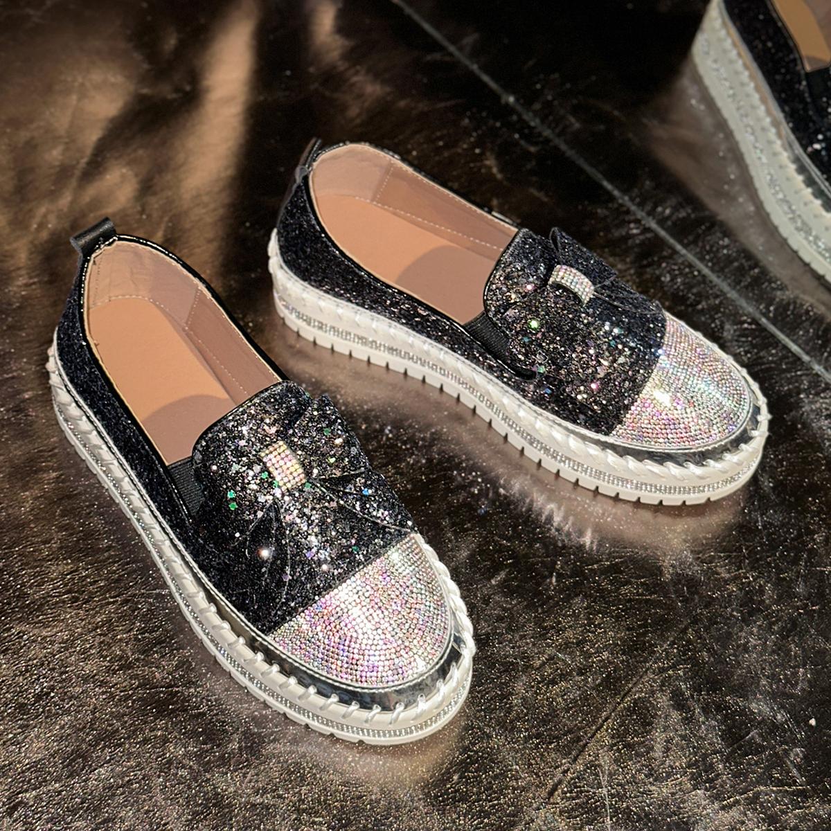 

Fashion Brand Design Glitter Bowknot Loafers Women 2025 Summer Comfort Soft Sole Slip On Casual Shoes Luxury Sequin Cloth Sneakers 35 чёрный