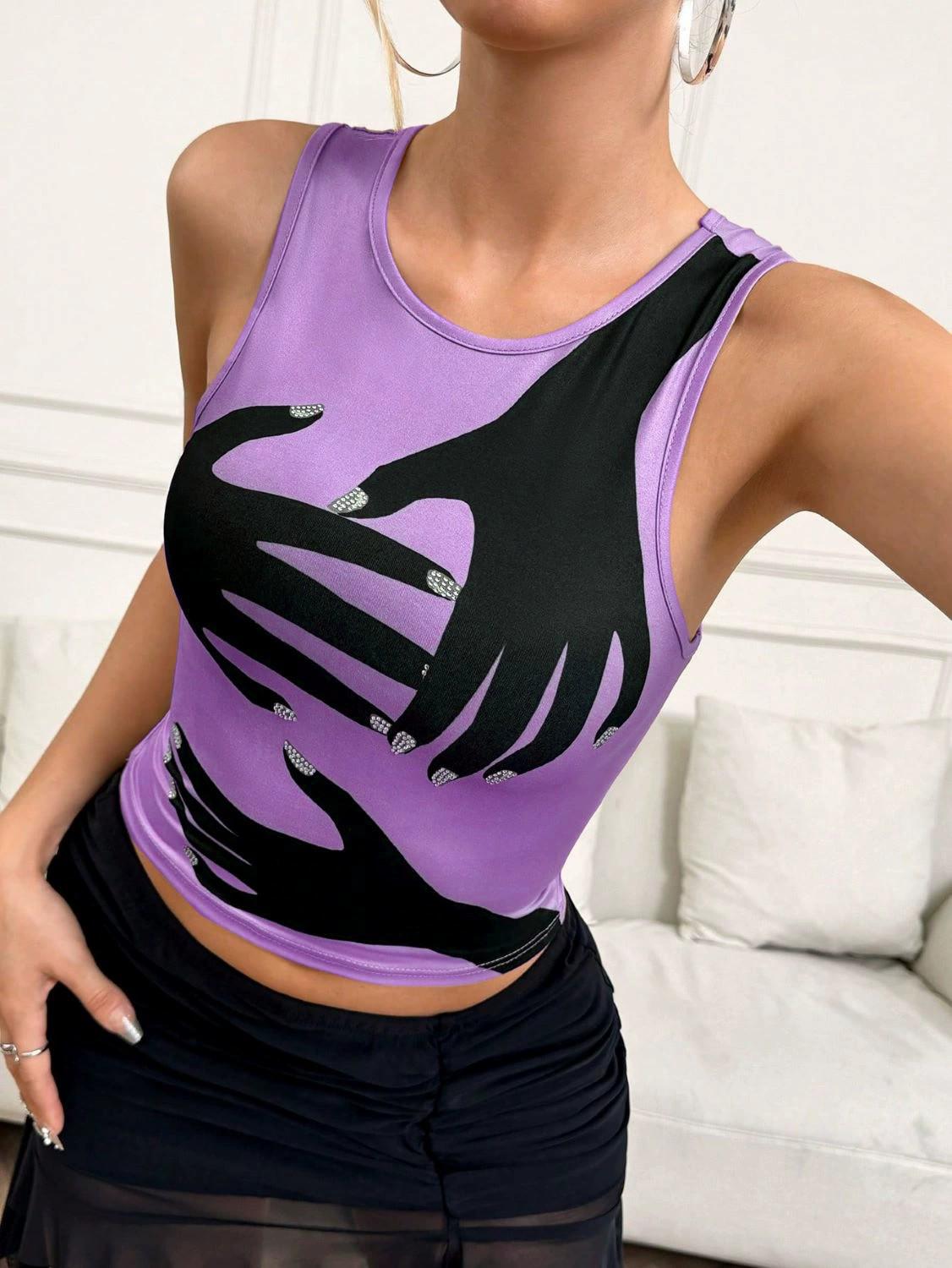 2025 Women s Palm Print Sleeveless Slim Vest XL телесный