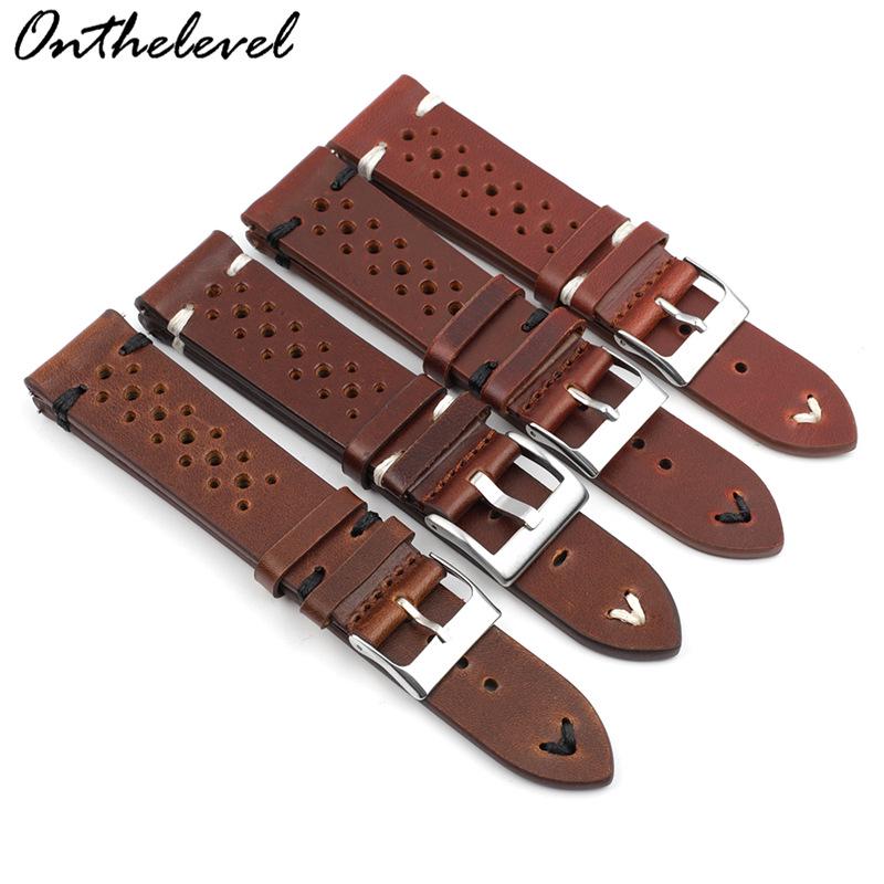 Available Porous Genuine Leather Watch Strap, Quick Release, Brown Cracked Pattern, Sizes: 18mm, 20mm, 22mm, 24mm.