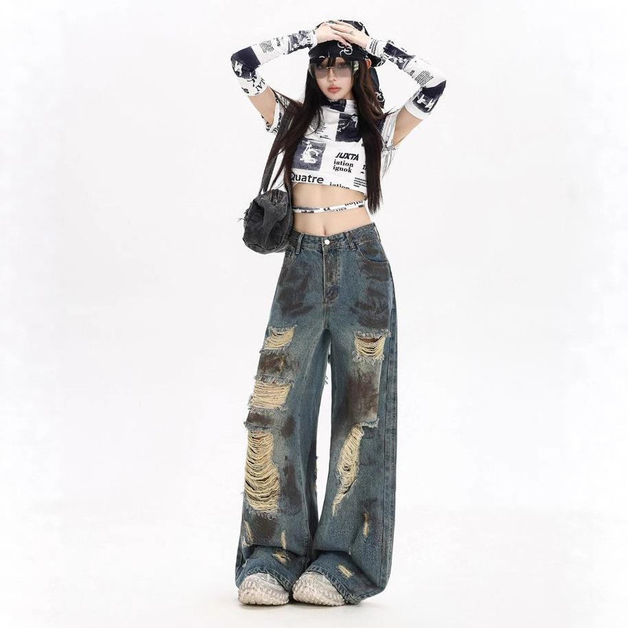Comfortable Street Broken Holes Jeans Women Autumn Retro Loose Casual Washed Straight Wide Leg Pants Street Style Drag Floor Trousers Long Denim Pants
