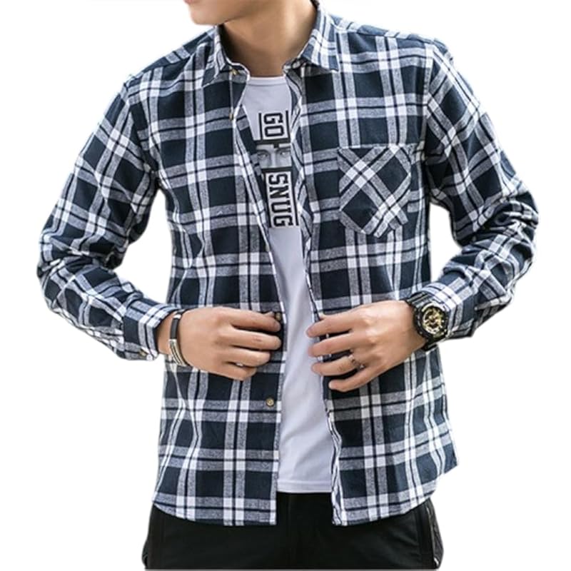 

[PAFHL] shirt men s check tops casual long sleeve spring autumn Thin short big size Fashionable adult simple Going out trip M-3XL (Navy, 2XL)