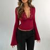 Women's Long Sleeve Crop Top Sexy Deep V Neck Lace Slim Fit Blouse Casual Basic Low Cut Going Out Shirt for Spring Fall